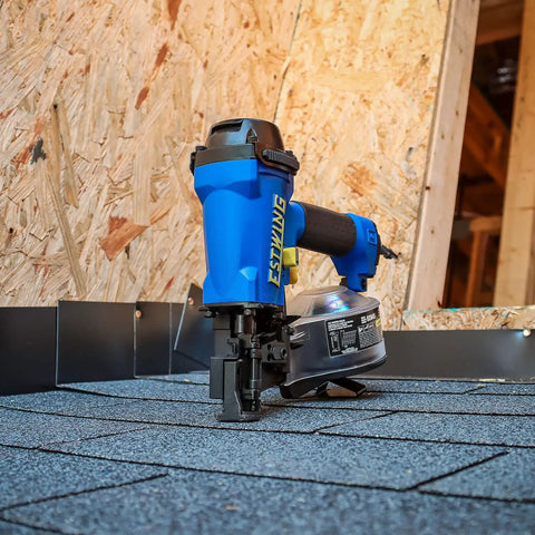 Workhorse Pneumatic 15 Degree Coil Roofing Nailer With One Quarter Inch NPT Swivel Fitting and Bag on shingle roof