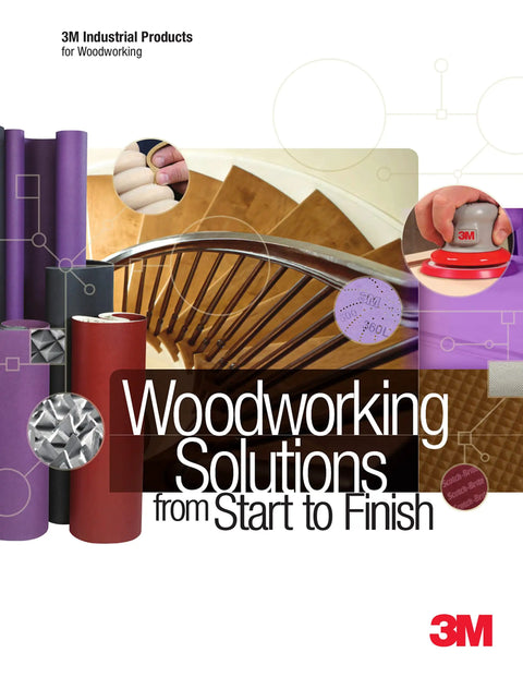 Woodworking products and solutions advertisement with sanding tools and wooden staircase by 3M.