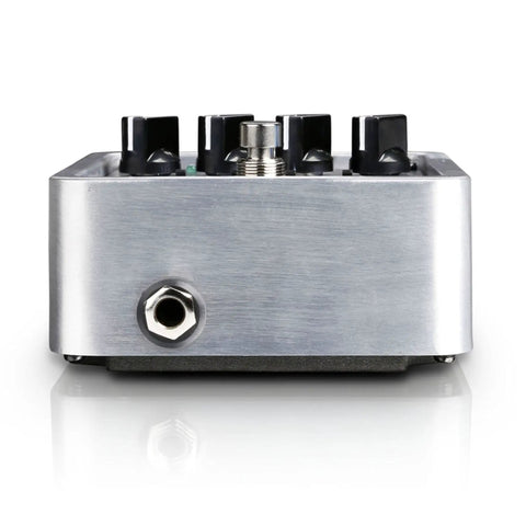 Side view of Pocket Amp MK2 Analog Guitar Preamp And DI Box with headphone amp and multiple amp sim modes, metal casing.