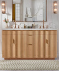 60 Inch Freestanding Double Sink Bathroom Vanity With White Quartz Countertop And Fluted Wood Finish in bright bathroom setting.