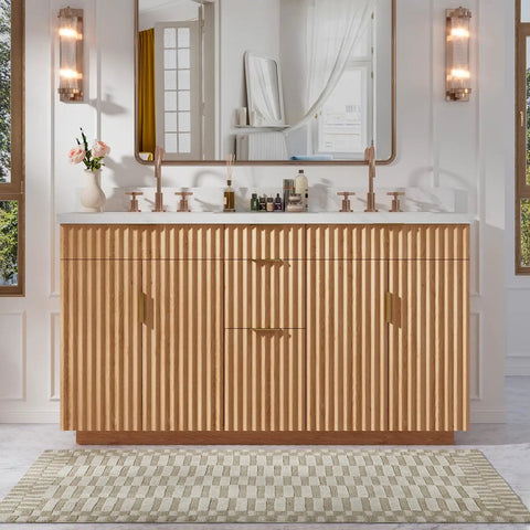 60 Inch Freestanding Double Sink Bathroom Vanity With White Quartz Countertop And Fluted Wood Finish in bright bathroom setting.