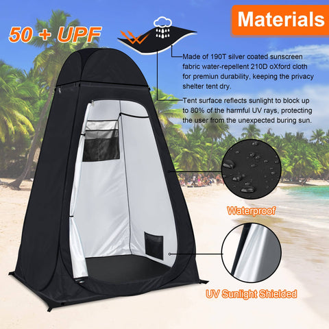 Pop Up Privacy Shower Tent For Camping And Beach With Portable Toilet And Dressing Room, Extra Tall UPF 50 Plus, Black Design