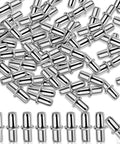 Hella Durable 50 Pack Nickel Plated Shelf Pins Rust Proof Metal Support Pegs For Cabinet Furniture Shelves Heavy Duty Polish Finish Quick Swap Premium Storage Setup scattered on a white background.