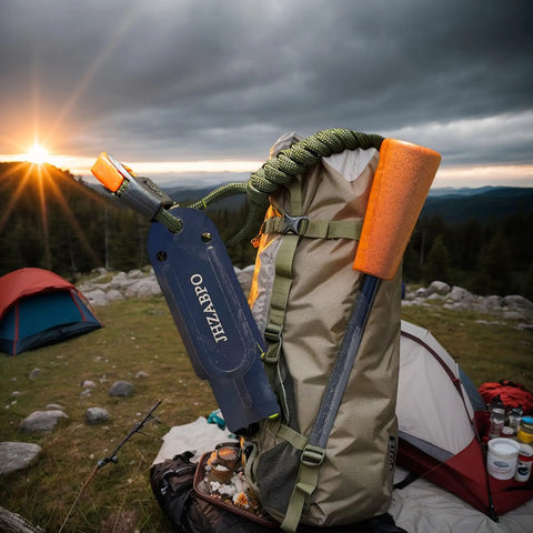 Ferro Rod Survival Kit With Flint And Steel Fire Starter And Whistle attached to a camping backpack in the mountains at sunrise.