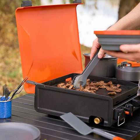 2364 12 By 14 Camping Griddle with Side Burner Nonstick Ceramic Titanium Coated Surface used outdoors