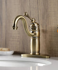 Victorian Mono Block Bathroom Faucet In Antique Brass With Drip Free Cartridge, Matching Pop Up Drain, 6 Inch Spout Reach