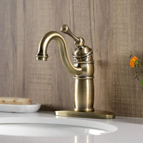 Victorian Mono Block Bathroom Faucet In Antique Brass With Drip Free Cartridge, Matching Pop Up Drain, 6 Inch Spout Reach