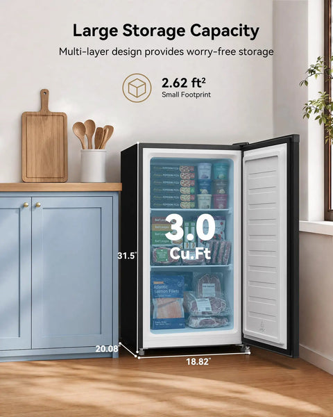 Compact 3.0 Cubic Foot Upright Mini Freezer In Black Delivers Sweet Cold Storage For Apartments And Dorm Rooms Without Making A Peep, open showing food.