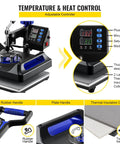 All In One 12 By 15 Inch Heat Press showing digital controls, rubber and plate handles, and thermal insulation layers