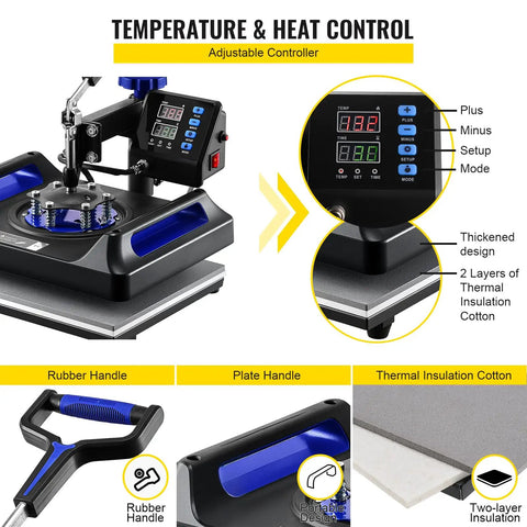 All In One 12 By 15 Inch Heat Press showing digital controls, rubber and plate handles, and thermal insulation layers