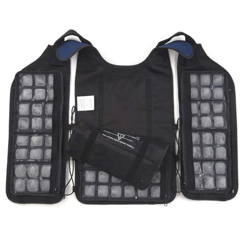 Personal Series Ice Vest with three cooling panels, visible ice cubes, adjustable fit, lightweight with zipper closure.