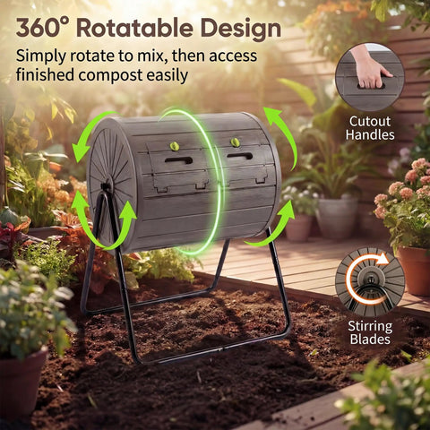 Dual Chamber 37.5 Gallon Rotating Compost Tumbler With Locking Doors No Fuss BPA Free Outdoor Bin for garden use.