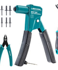 Heavy Duty Steel Plastic Rivet Gun Kit With Ergonomic Anti Slip Handle And Flush Cutter For Nylon Fasteners Auto Trim Do It Yourself Home Repairs One Hand Operation Runs Like Butter No Sweat Easy Pull Design Lightweight At Just Zero Point Eight Pounds with included tools and fasteners.