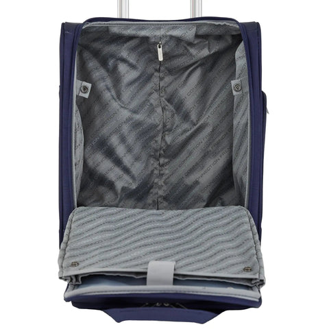 Open view of Underseat Carry On Luggage With USB And USB C Ports, 16 Inch Compact Travel Case In Blue Depths, showing interior space