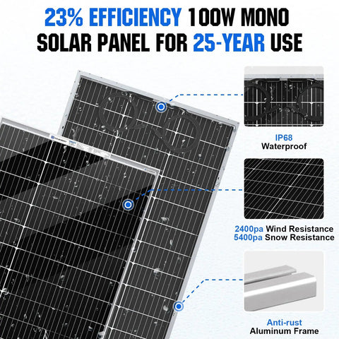 Backyard Ready Solar And Wind Generator Kit 600W With Dual Bifacial Panels And Quiet 400W Turbine, 100W mono solar panel, waterproof, durable.