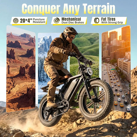 Rider on Electric Fat Tire Bike For Adults With 1500W Peak Motor Off Road Ebike 48V 15Ah Removable Battery over rocky terrain