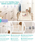 36-Inch Extra Tall Baby Gate For Doorways And Bottom Of Stairs, pressure mounted, white, with toddler seated behind.