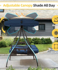 Three Seat Outdoor Porch Patio Swing With Adjustable Canopy And Cup Holder, blue swing with canopy and UV protection.