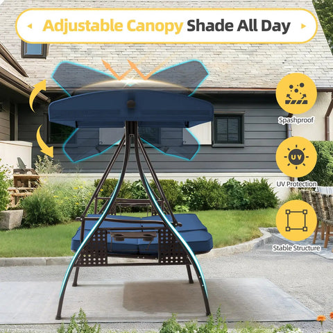 Three Seat Outdoor Porch Patio Swing With Adjustable Canopy And Cup Holder, blue swing with canopy and UV protection.