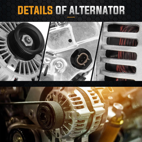 Close-up and side views of Beefed Up Alternator Replacement Compatible With Dakota 3.7L 2004 Through 2006, alternator details.