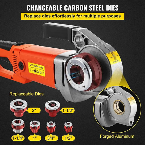 Heavy Duty Electric Pipe Threader Machine With 2300W All Copper Motor shows changeable carbon steel dies for versatile use.