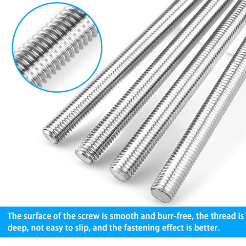 Four M5 x 250mm 304 stainless steel fully threaded rods with right-hand threads, front view with thread close-up inset