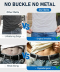 Comparison of Buckle Free Leather Work Belt For Men Featuring Hook And Loop Closure with other belts, highlighting invisibility and hypoallergenic properties.