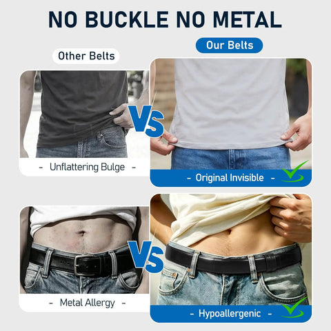 Comparison of Buckle Free Leather Work Belt For Men Featuring Hook And Loop Closure with other belts, highlighting invisibility and hypoallergenic properties.