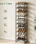 Heavy Duty Ten Tier Metal Shoe Rack Holds Up To Twenty Two Pairs Tall Slim Entryway Organizer With Adjustable Bottom Shelf And Secure Anti Tip Strap For All Your Kicks Black display with various shoes organized on shelves.