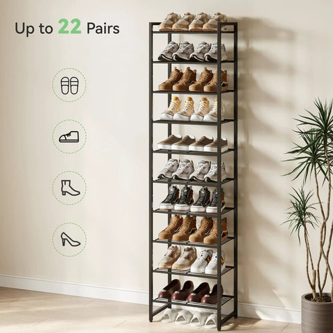 Heavy Duty Ten Tier Metal Shoe Rack Holds Up To Twenty Two Pairs Tall Slim Entryway Organizer With Adjustable Bottom Shelf And Secure Anti Tip Strap For All Your Kicks Black display with various shoes organized on shelves.