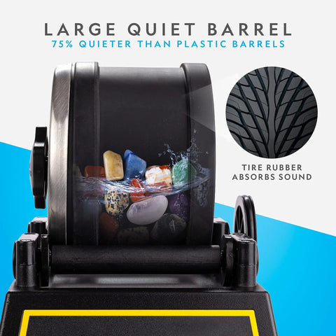 Pro Rock Tumbler Kit For Adults And Kids With Durable 2 Lb Barrel displaying large quiet barrel with rocks inside.