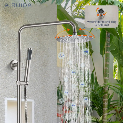 Outdoor Shower System in SUS304 Brushed Nickel, 8 Inch Rainfall Head With Handheld Spray by poolside