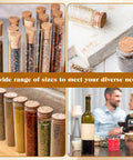 Natural Cork Stoppers Set For Glass Bottles 36 Pieces With Six Handy Sizes in jars, tubes, and bottles on display.