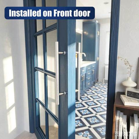 18 Inch Back-To-Back Door Pull Handle in Brushed Nickel Anti-Fingerprint Finish installed on blue door