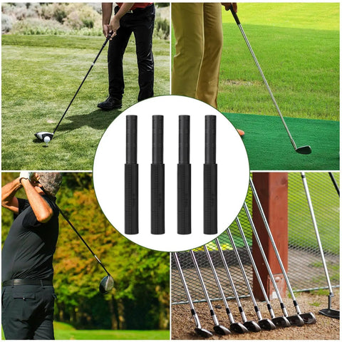 Collage of 4 Pack Carbon Fiber Golf Club Extensions Set 0.55 Inch Small End And 0.595 Inch Thick End, golfers using clubs.