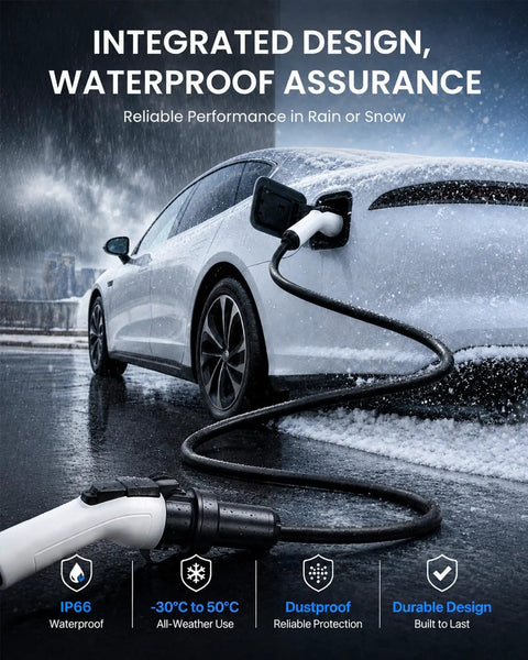 Hella Reliable 21 Foot J1772 EV Extension Cord 50 Amp Level 2 Electric Vehicle Charging Cable with waterproof design, charging in rain.