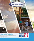 Collage of landscapes, American flag, people dining outdoors, and Suncast storage product corner, promoting quality made in USA.