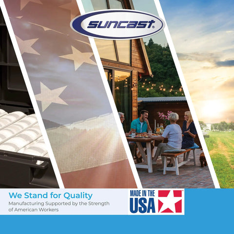 Collage of landscapes, American flag, people dining outdoors, and Suncast storage product corner, promoting quality made in USA.