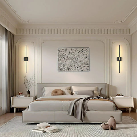 No Sweat Wireless Setup Matte Black And Brushed Gold Battery Wall Sconces Set Of Two With 360 Degree Rotate Tube in modern bedroom.