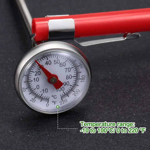Close-up of 1-inch dial thermometer showing temperature range, part of 3 Pack Instant Read Dial Thermometers With Calibration Sleeves