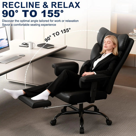 Big And Tall Office Chair With Footrest For All Day Comfort, High Back Ergonomic Desk Chair reclined to 155 degrees at office desk