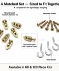 120 Piece Self Drilling Drywall Anchors And Screws Kit With Hooks, 60 Anchors, 50 Screws, And 10 Hooks arrayed on white background