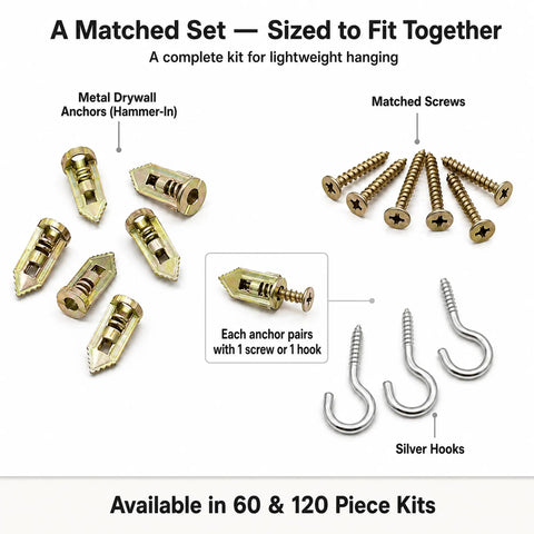 120 Piece Self Drilling Drywall Anchors And Screws Kit With Hooks, 60 Anchors, 50 Screws, And 10 Hooks arrayed on white background