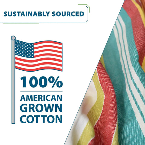 Close-up of vibrant cotton hammock fabric with USA flag graphic, labeled '100% American Grown Cotton.'