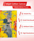 Heavyweight 350 GSM Printable Cotton Canvas Sheets For Inkjet Printers 8.5x11 Inch 20 Sheets Matte Finish Real Cotton Canvas For Photo Printing And Crafts with vibrant paint swatches showing brilliant color results.