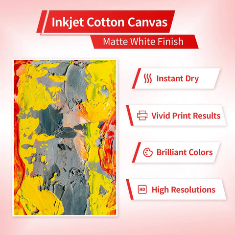 Heavyweight 350 GSM Printable Cotton Canvas Sheets For Inkjet Printers 8.5x11 Inch 20 Sheets Matte Finish Real Cotton Canvas For Photo Printing And Crafts with vibrant paint swatches showing brilliant color results.