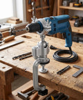 Heavy Duty Aluminum Drill Stand and Bench Vise Clamp for DIY Projects, Stable Clamping Force, High Hardness Drill Bracket Holder, Easy to Use Electric Drill Stand for Grinding and Milling Tasks, clamped drill on workbench