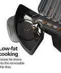 Hamilton Beach Steak Lover Electric Indoor Grill, Nonstick Surface Cooking 100 Square Inches, grease draining into removable drip tray.