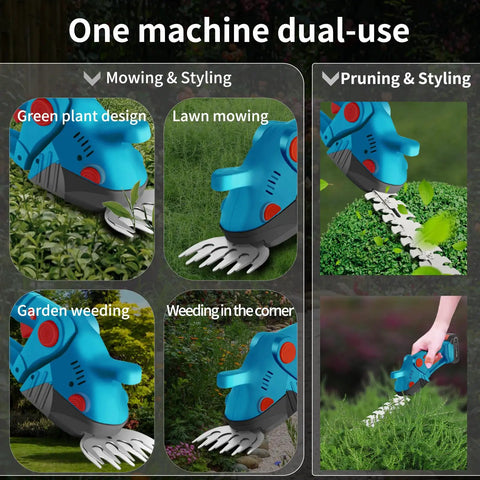 Bad Boy Cordless Grass Shears And 21V Mini Hedge Trimmer Built Heavy Duty With Dual Blades And Hot Swap Batteries For No Sweat Lawn Care And Sharp Hedges Pruning In Bright Red shown in various garden uses.