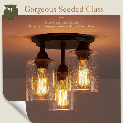 Three Light Dope Industrial Black Ceiling Light Fixture With Clear Seeded Glass Shades Semi Flush Mount